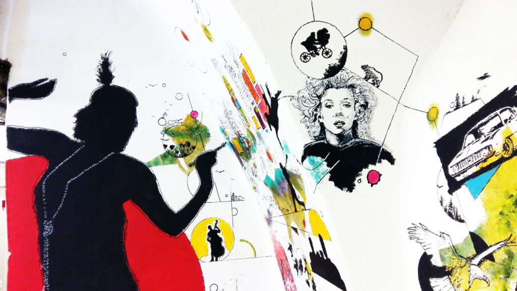 Détail de la fresque intitulée "connexions" réalisée à l'acrylique pour l'équipe de la Cour des Consuls Hôtel & Spa à Toulouse par Christophe Moulinier.