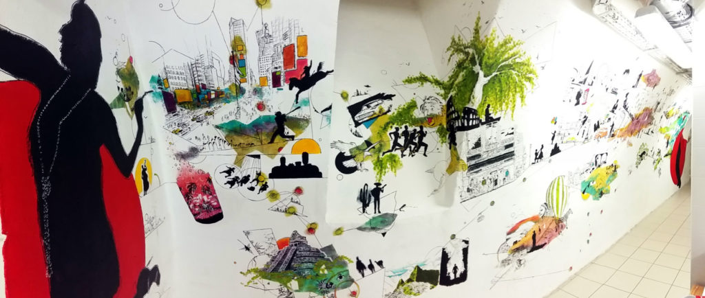 Vue d'ensemble de la fresque intitulée "connexions" réalisée à l'acrylique pour l'équipe de la Cour des Consuls Hôtel & Spa à Toulouse par Christophe Moulinier.