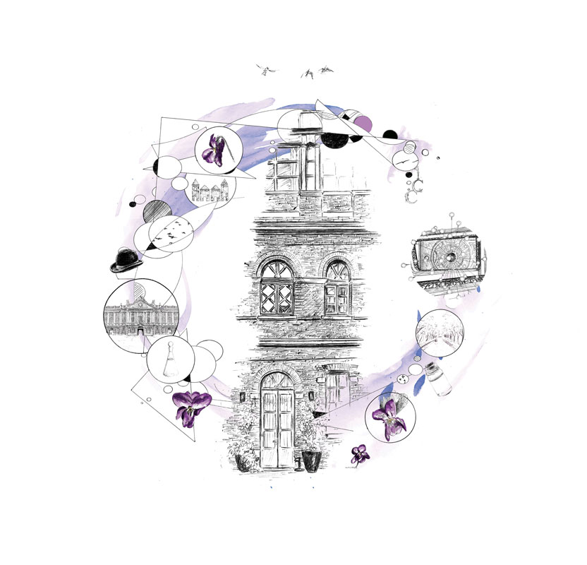 "Spa la Cour des Consuls par Graine de Pastel", création graphique réalisée numériquement à partir de dessins au stylo-bille par Christophe Moulinier pour le Groupe Cité Hôtels